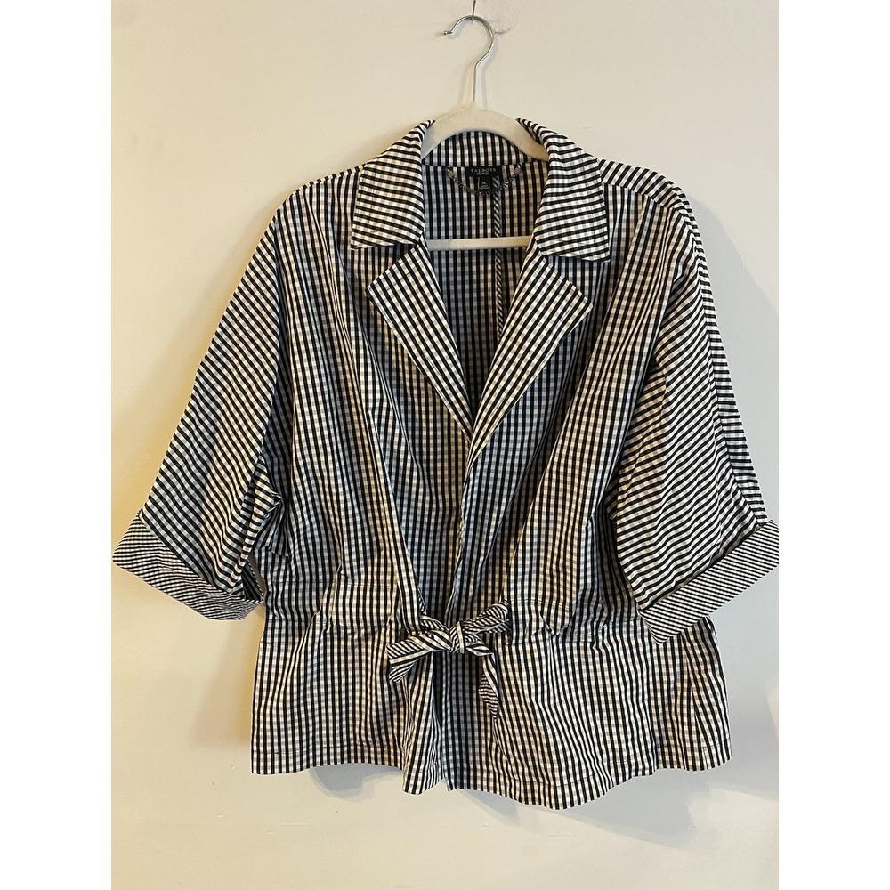 TALBOTS Black White Gingham Check Short Sleeve Tie-Front Blouse Jacket XL